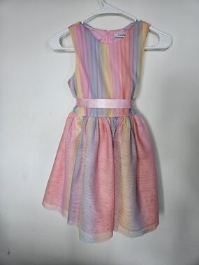 George Girls Pastel Rainbow Tulle Party Dress Pink Ribbon Belt Size 10 🌈👗🩷